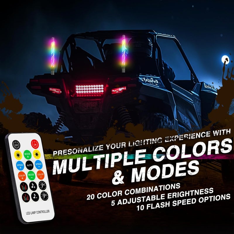 DREAMIZER 2PCS 1FT أضواء خفاقة RGB، ضوء خفاقة LED مع تطبيق وجهاز تحكم عن بعد، هوائيات مضاءة متسارعة للجانب بجانب أضواء الموسيقى ل ATV UTV RZR Can-Am Polaris Dune Buggy SXS شاحنة - Image 2